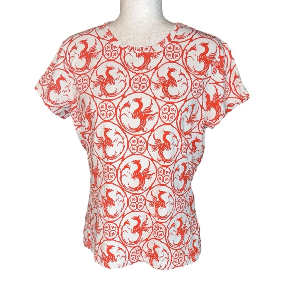 J. McLaughlin Signature White & Orange Celtic Dragon Print Short Sleeve Top - L